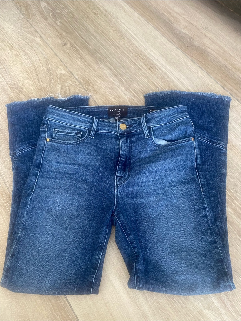 Sanctuary Medium-Dark Blue Cropped Frayed Hem Jeans